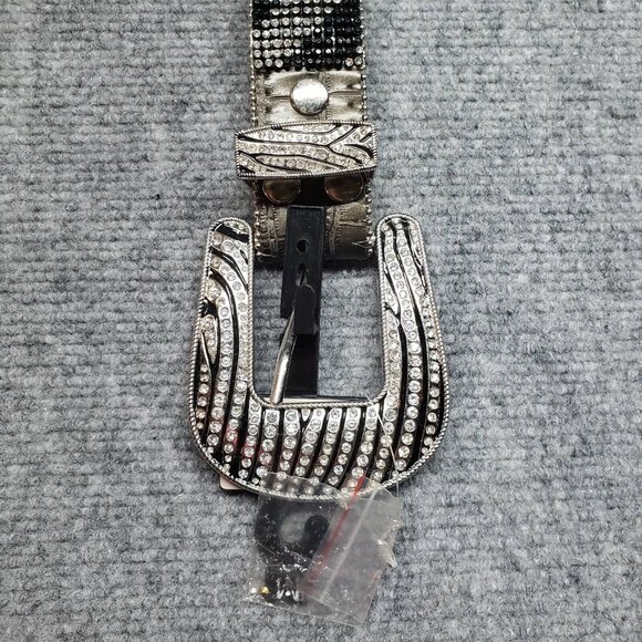 Nocona Belt Womens M Black Leather Rhinestone Bling Stripe Silver Adjustable New main image 6